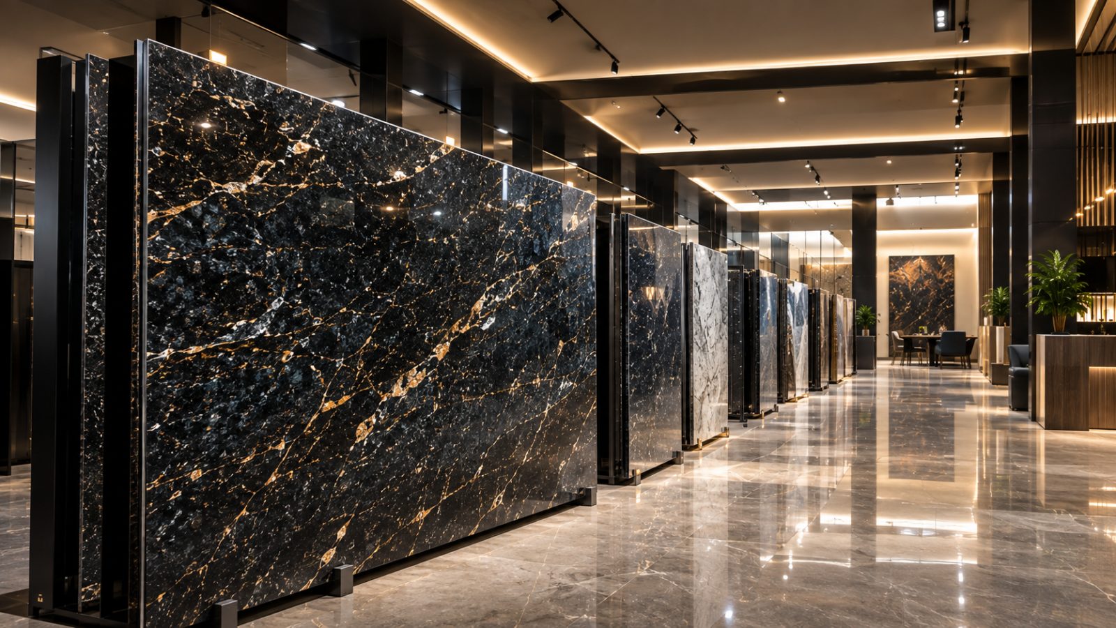 Polished granite slabs on display at the Stone Garage showroom